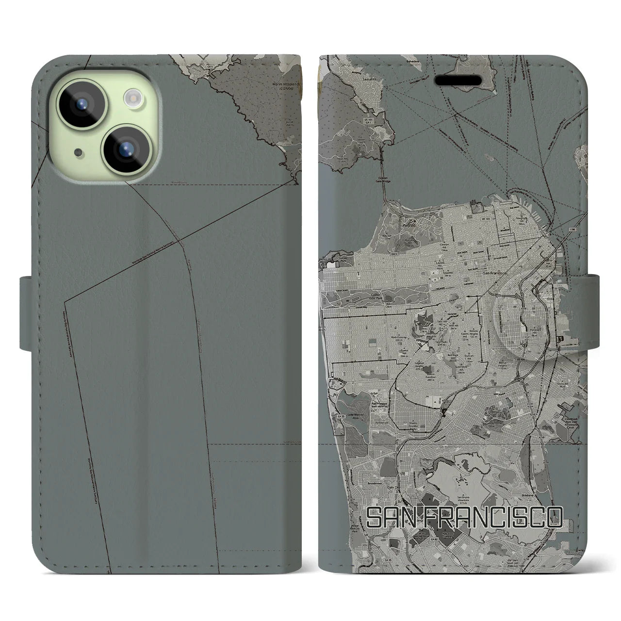 【サンフランシスコ(アメリカ)】地図柄iPhoneケース(手帳タイプ)モノトーン・iPhone 15 用