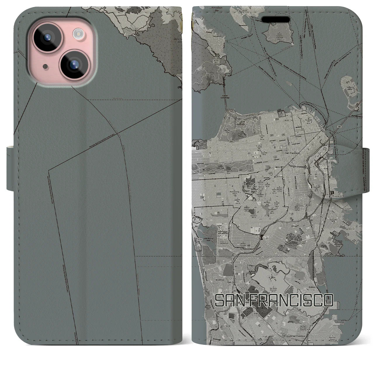 【サンフランシスコ(アメリカ)】地図柄iPhoneケース(手帳タイプ)モノトーン・iPhone 15 Plus 用