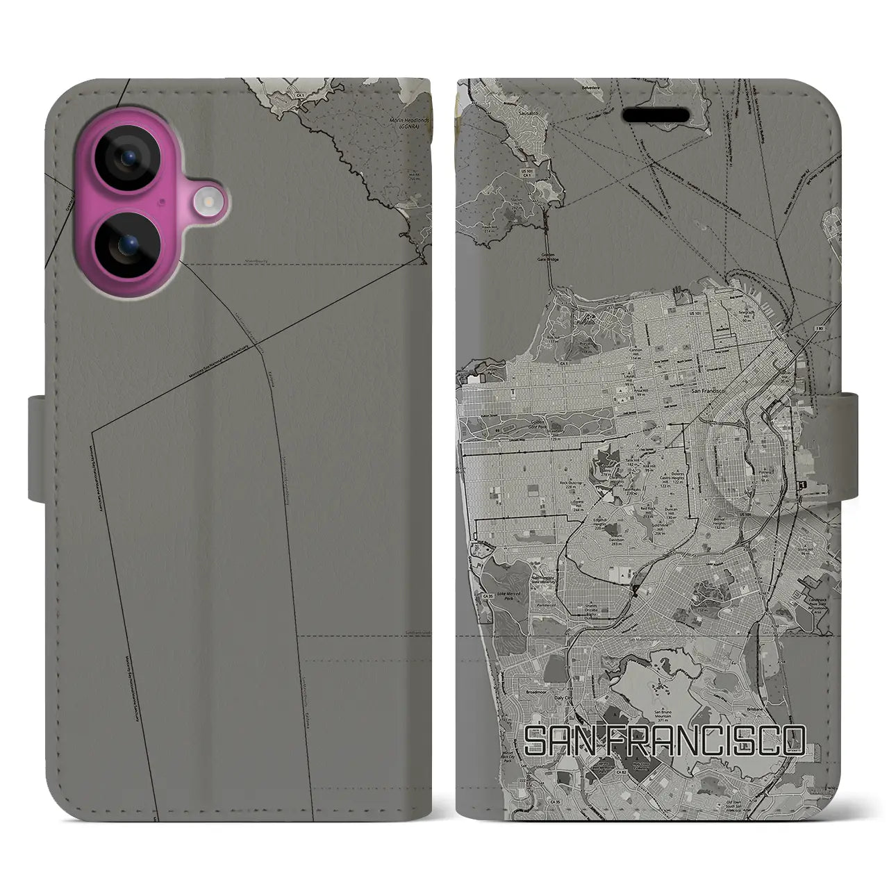 【サンフランシスコ(アメリカ)】地図柄iPhoneケース(手帳タイプ)モノトーン・iPhone 16 Pro 用