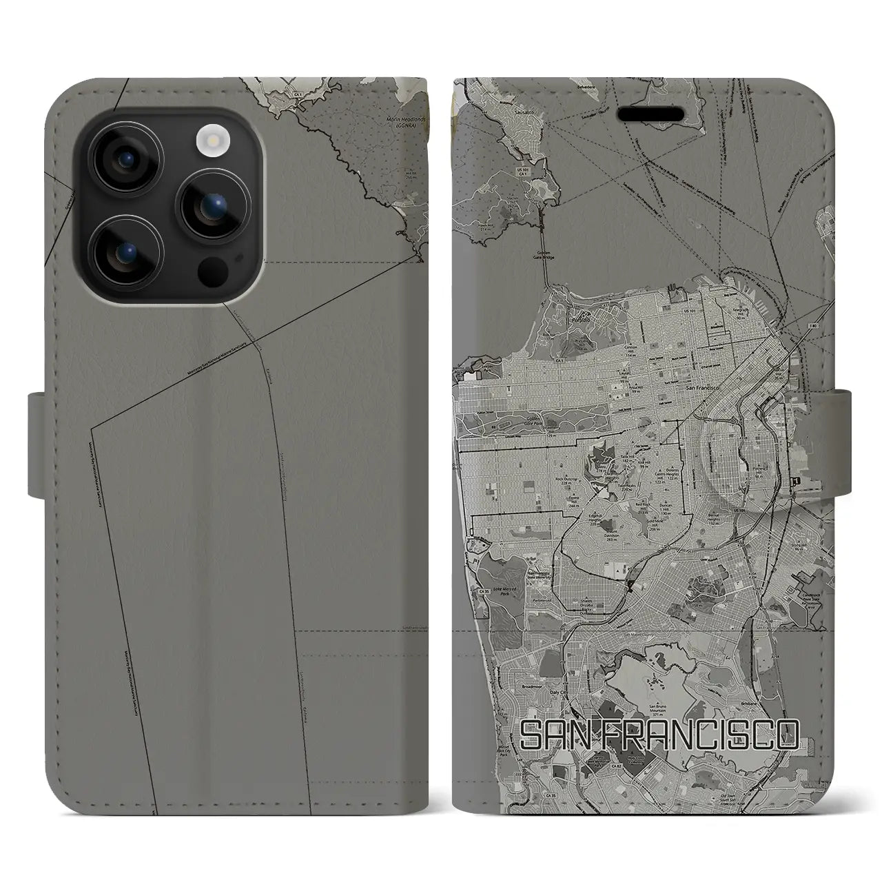 【サンフランシスコ(アメリカ)】地図柄iPhoneケース(手帳タイプ)モノトーン・iPhone 16 用