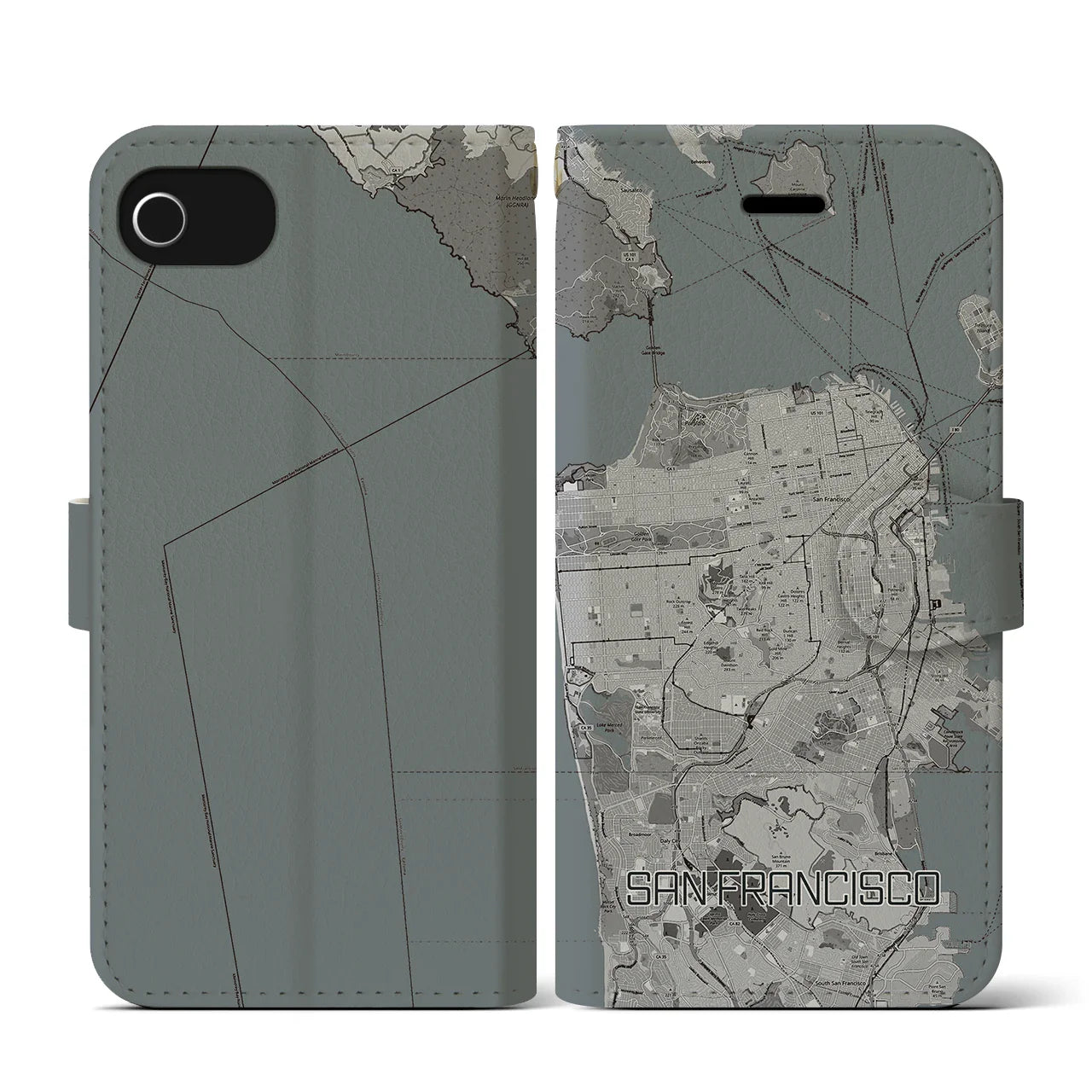 【サンフランシスコ(アメリカ)】地図柄iPhoneケース(手帳タイプ)モノトーン・iPhone SE(第3 / 第2世代) / 8 / 7 / 6s / 6 用