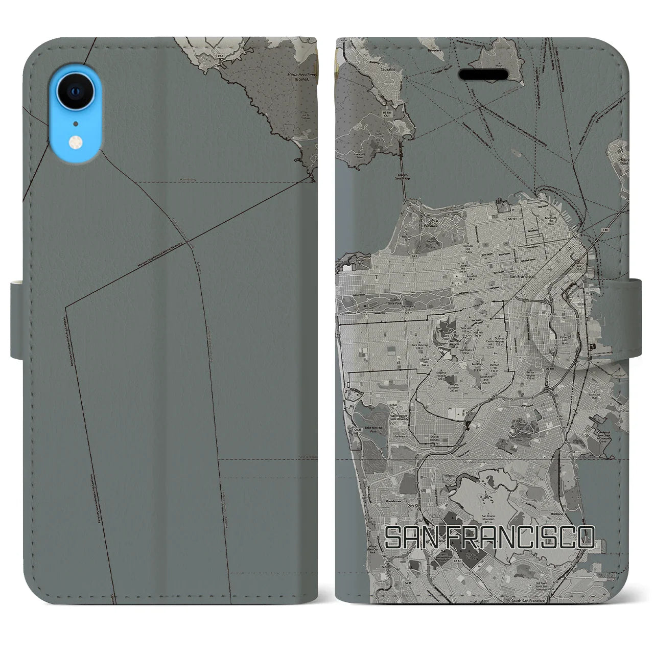 【サンフランシスコ(アメリカ)】地図柄iPhoneケース(手帳タイプ)モノトーン・iPhone XR 用
