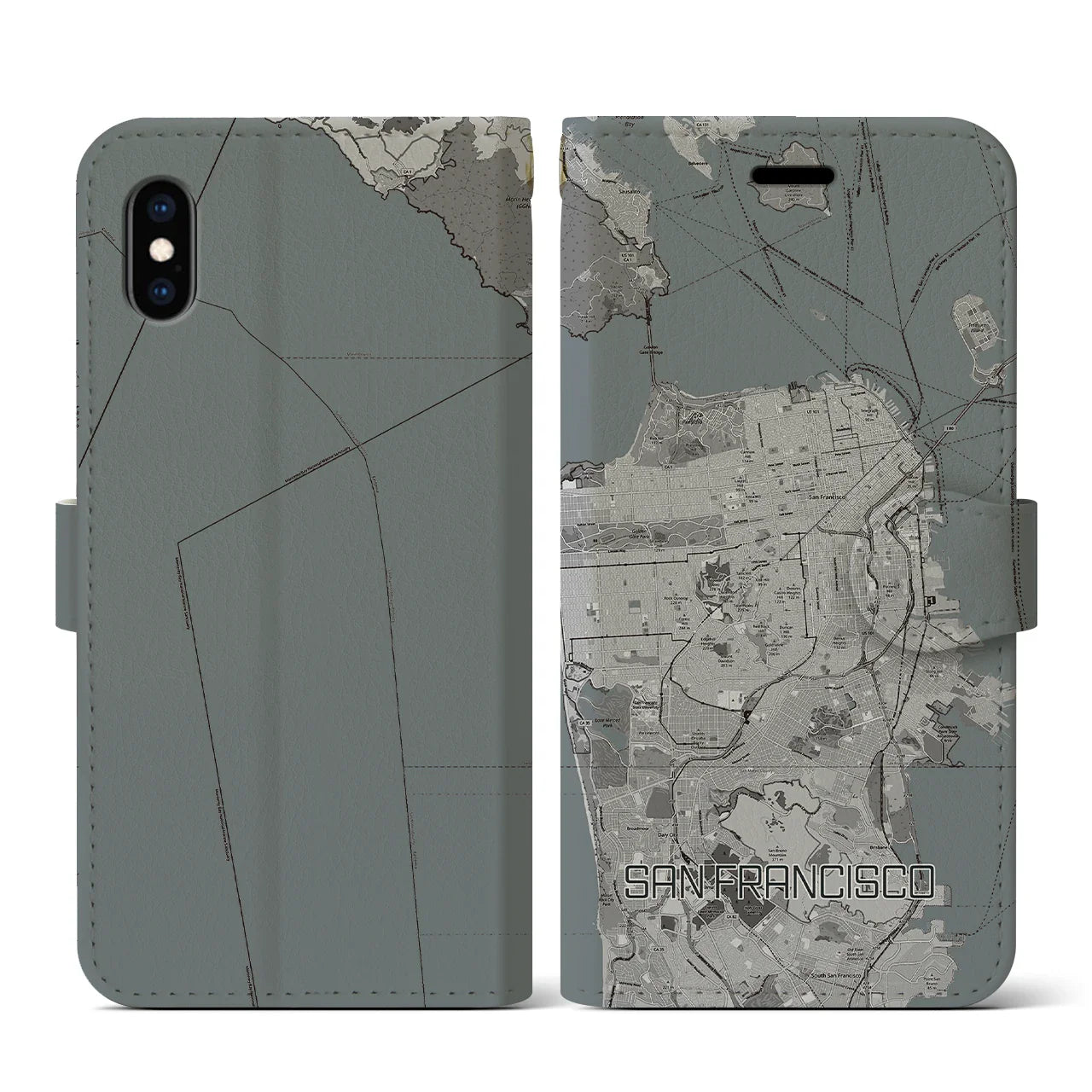 【サンフランシスコ(アメリカ)】地図柄iPhoneケース(手帳タイプ)モノトーン・iPhone XS / X 用