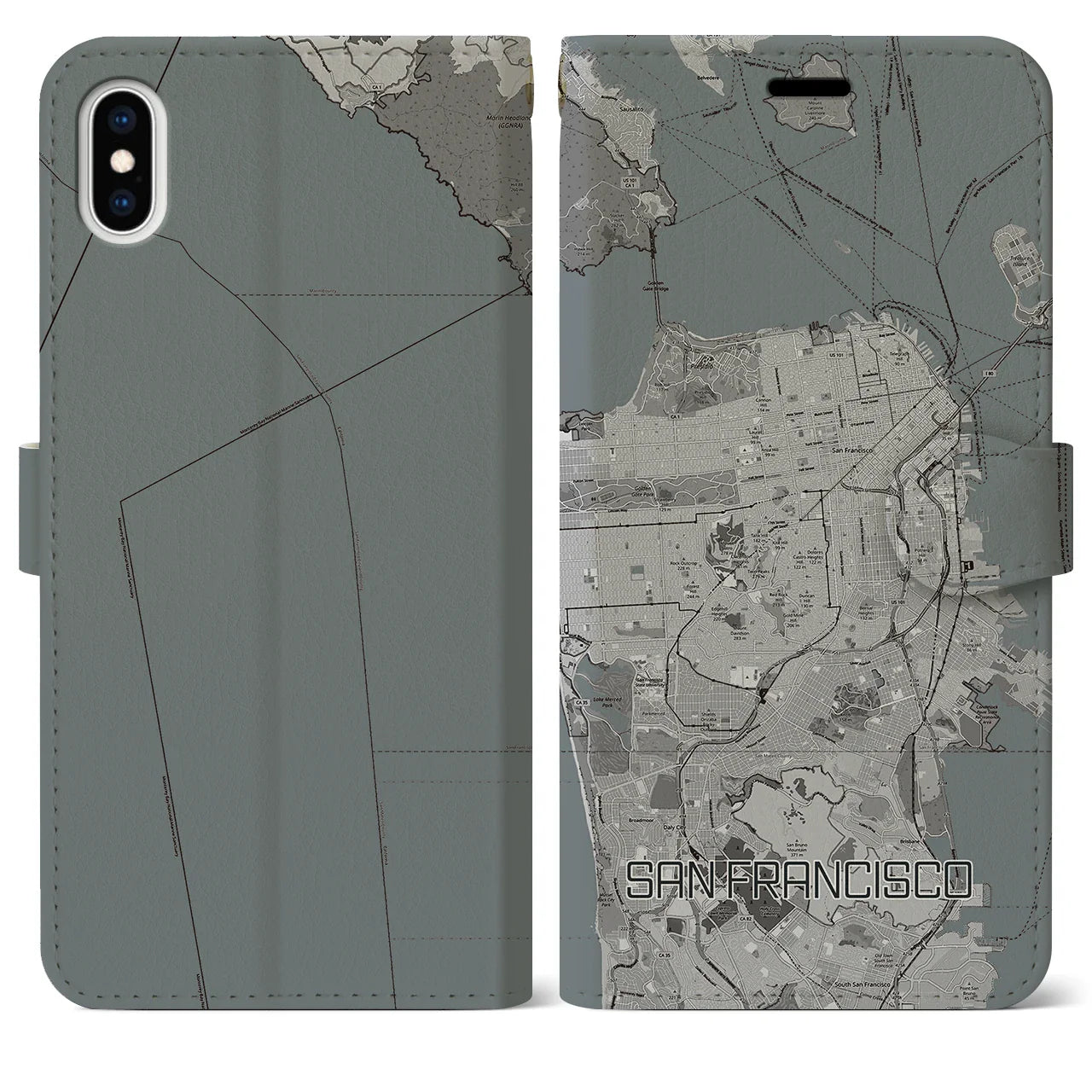 【サンフランシスコ(アメリカ)】地図柄iPhoneケース(手帳タイプ)モノトーン・iPhone XS Max 用
