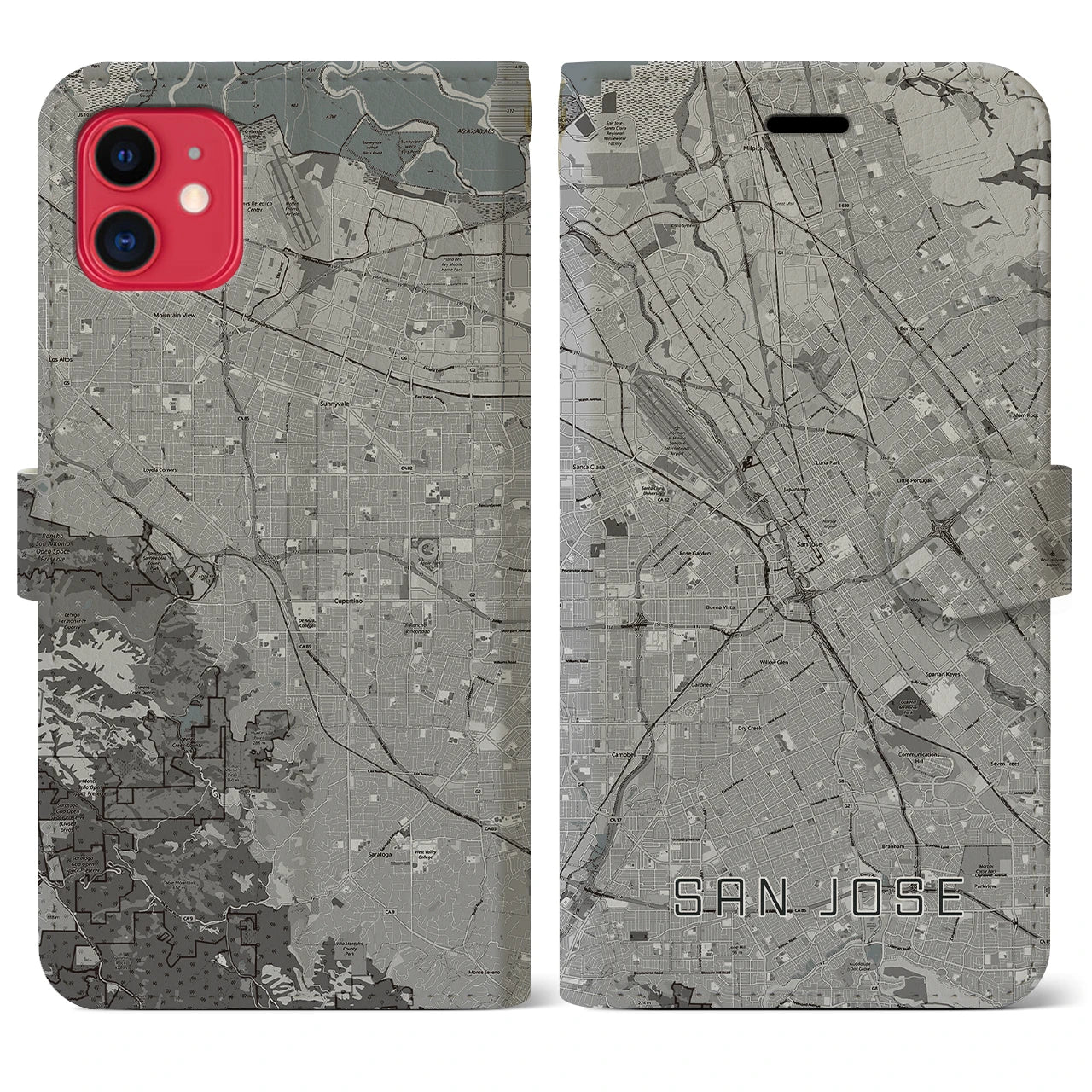 【サンノゼ(アメリカ)】地図柄iPhoneケース(手帳タイプ)モノトーン・iPhone 11 用