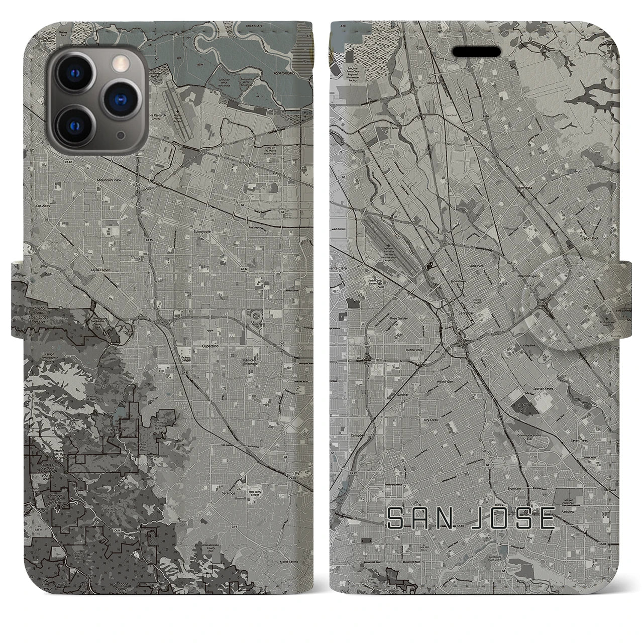 【サンノゼ(アメリカ)】地図柄iPhoneケース(手帳タイプ)モノトーン・iPhone 11 Pro Max 用