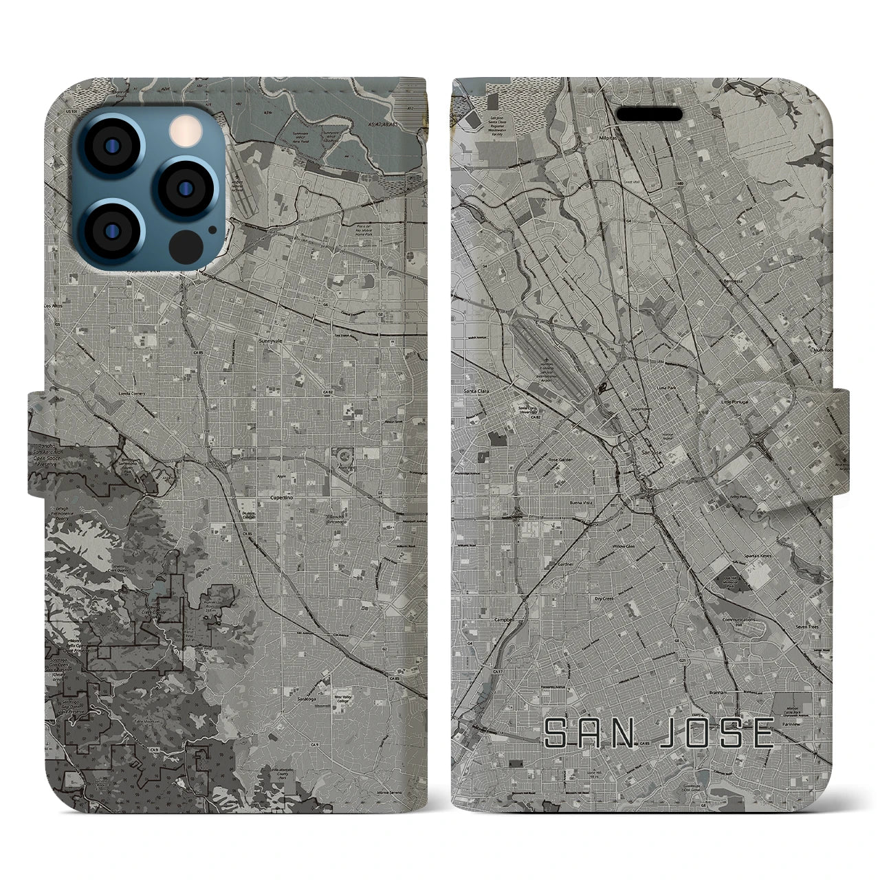 【サンノゼ(アメリカ)】地図柄iPhoneケース(手帳タイプ)モノトーン・iPhone 12 / 12 Pro 用