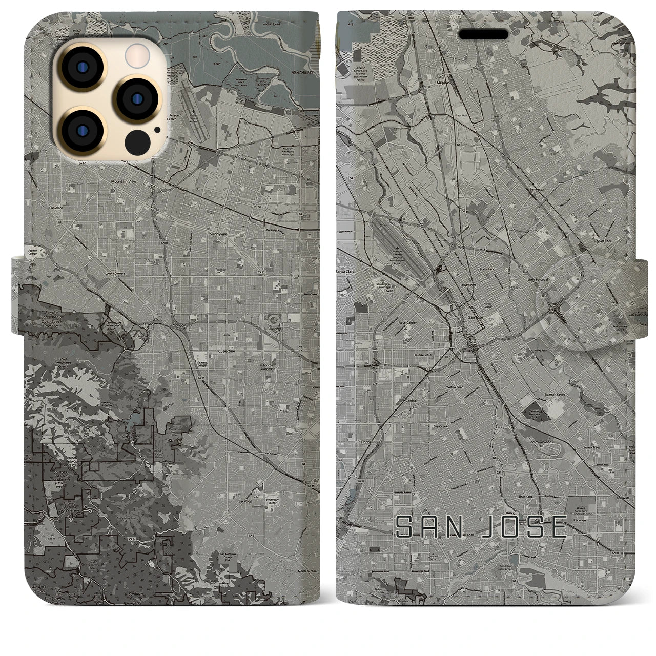 【サンノゼ(アメリカ)】地図柄iPhoneケース(手帳タイプ)モノトーン・iPhone 12 Pro Max 用