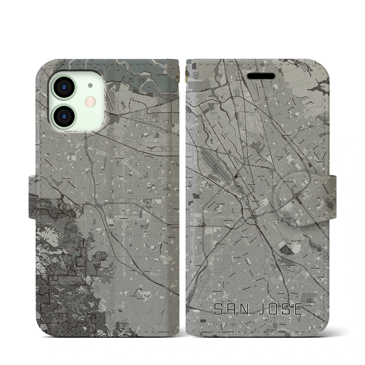 【サンノゼ(アメリカ)】地図柄iPhoneケース(手帳タイプ)モノトーン・iPhone 12 mini 用