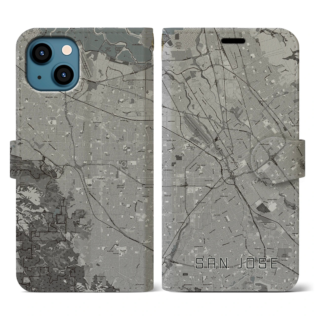【サンノゼ(アメリカ)】地図柄iPhoneケース(手帳タイプ)モノトーン・iPhone 13 用