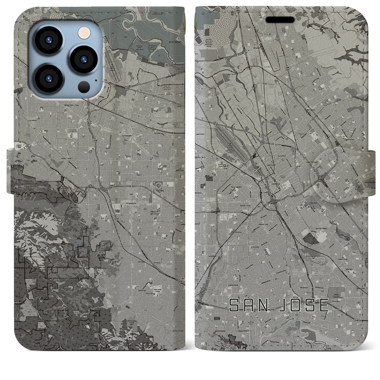 【サンノゼ(アメリカ)】地図柄iPhoneケース(手帳タイプ)モノトーン・iPhone 13 Pro Max 用