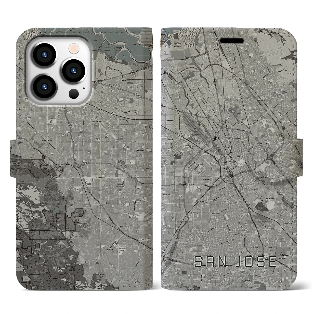 【サンノゼ(アメリカ)】地図柄iPhoneケース(手帳タイプ)モノトーン・iPhone 13 Pro 用