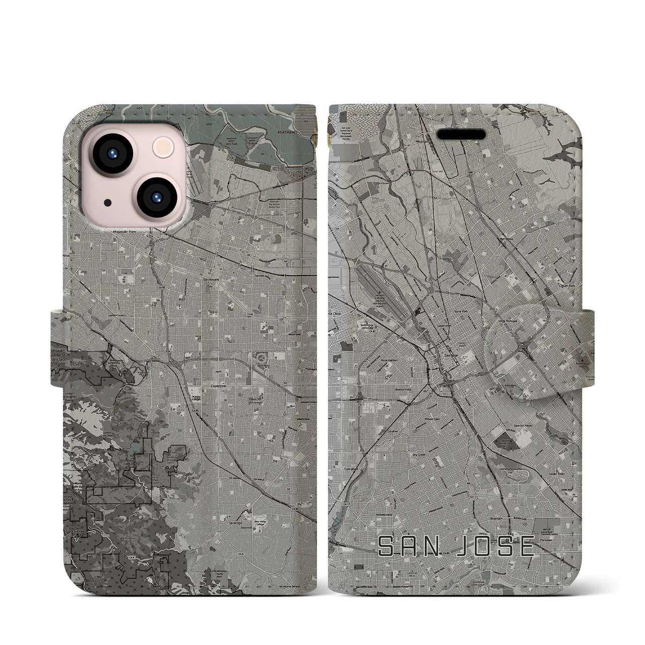 【サンノゼ(アメリカ)】地図柄iPhoneケース(手帳タイプ)モノトーン・iPhone 13 mini 用