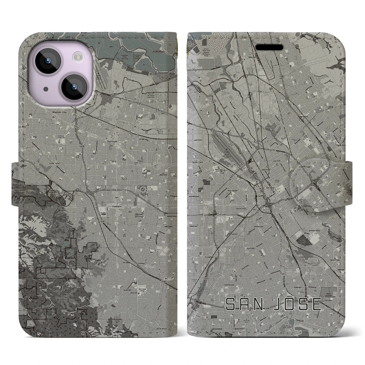 【サンノゼ(アメリカ)】地図柄iPhoneケース(手帳タイプ)モノトーン・iPhone 14 用