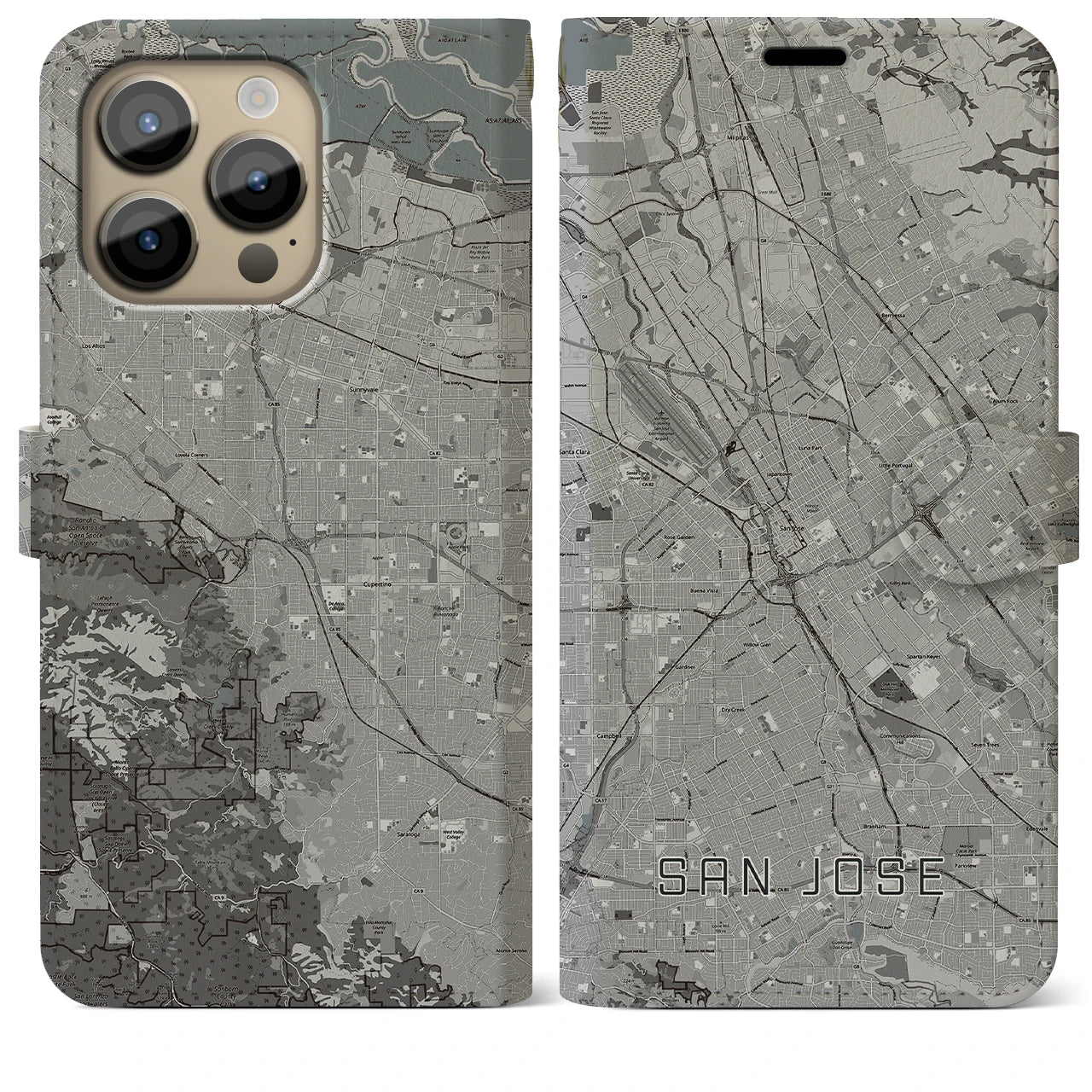 【サンノゼ(アメリカ)】地図柄iPhoneケース(手帳タイプ)モノトーン・iPhone 14 Pro Max 用
