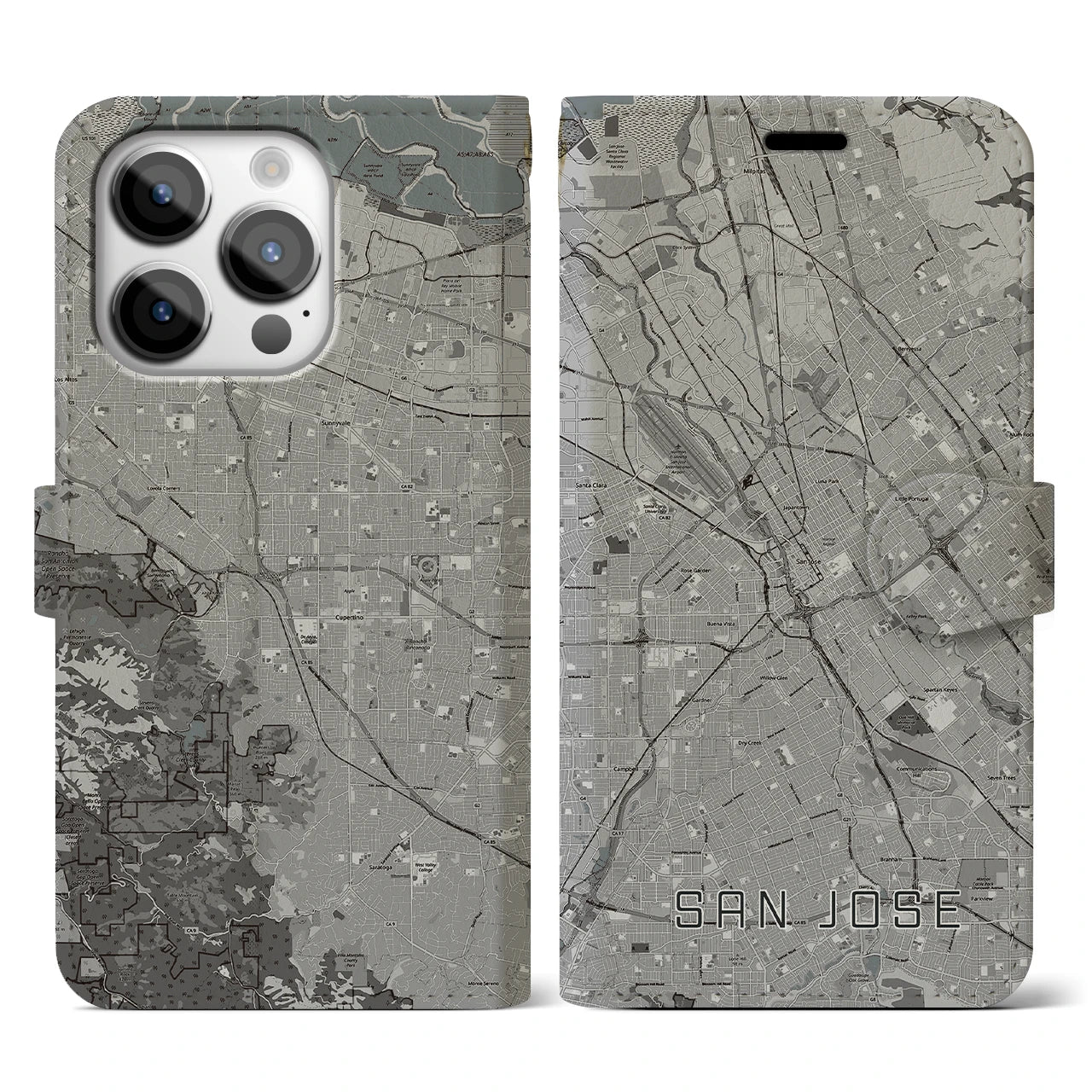 【サンノゼ(アメリカ)】地図柄iPhoneケース(手帳タイプ)モノトーン・iPhone 14 Pro 用