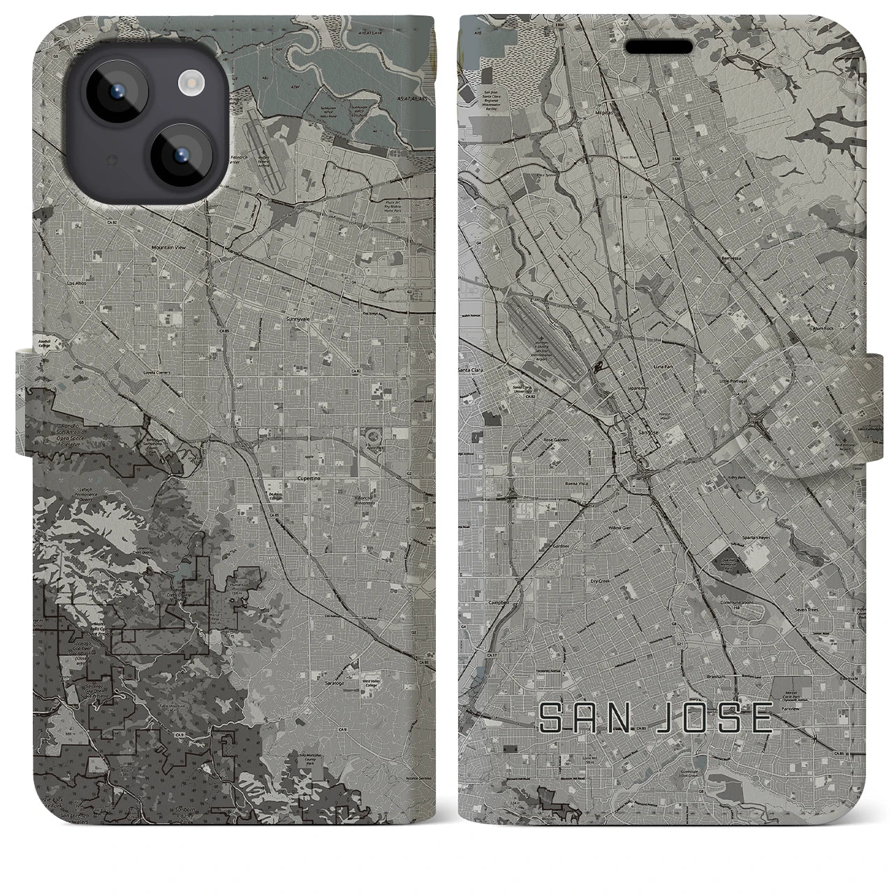 【サンノゼ(アメリカ)】地図柄iPhoneケース(手帳タイプ)モノトーン・iPhone 14 Plus 用