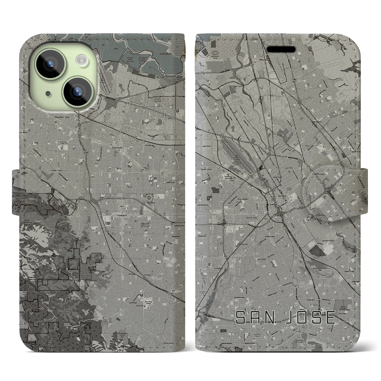【サンノゼ(アメリカ)】地図柄iPhoneケース(手帳タイプ)モノトーン・iPhone 15 用