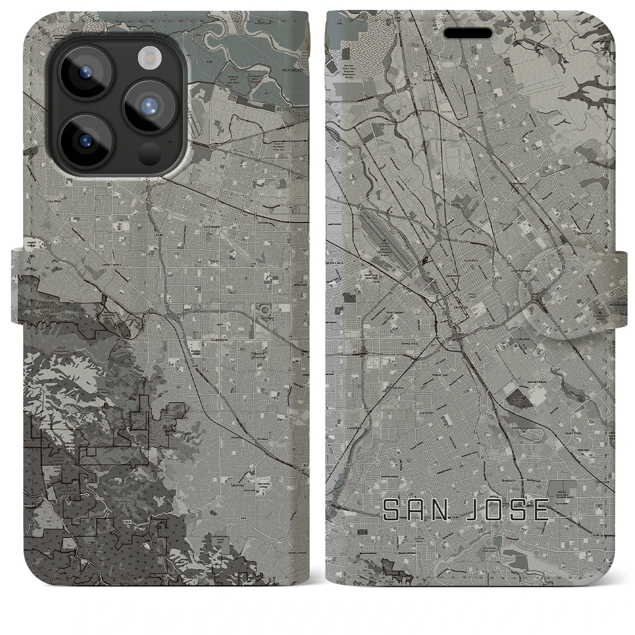 【サンノゼ(アメリカ)】地図柄iPhoneケース(手帳タイプ)モノトーン・iPhone 15 Pro Max 用