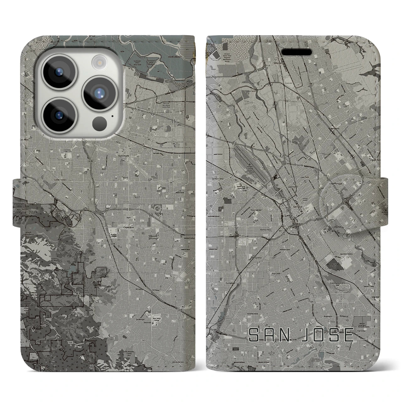 【サンノゼ(アメリカ)】地図柄iPhoneケース(手帳タイプ)モノトーン・iPhone 15 Pro 用
