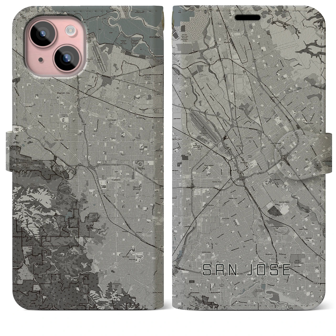 【サンノゼ(アメリカ)】地図柄iPhoneケース(手帳タイプ)モノトーン・iPhone 15 Plus 用