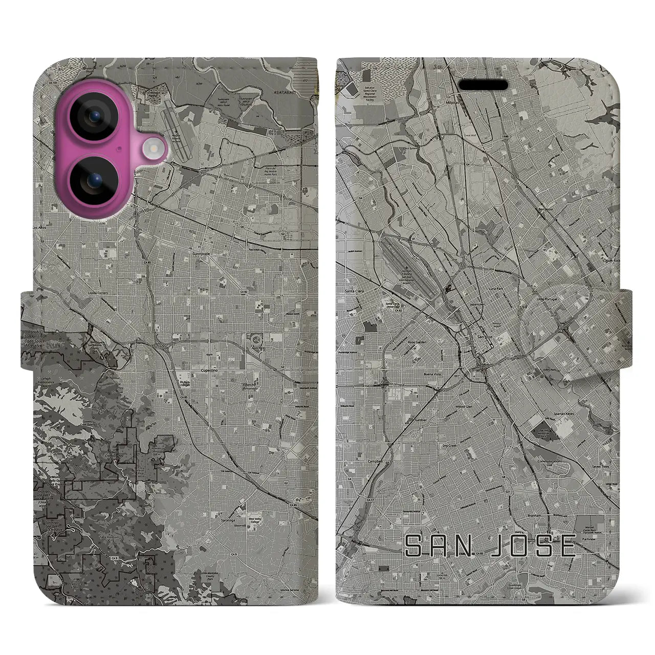 【サンノゼ(アメリカ)】地図柄iPhoneケース(手帳タイプ)モノトーン・iPhone 16 Pro 用