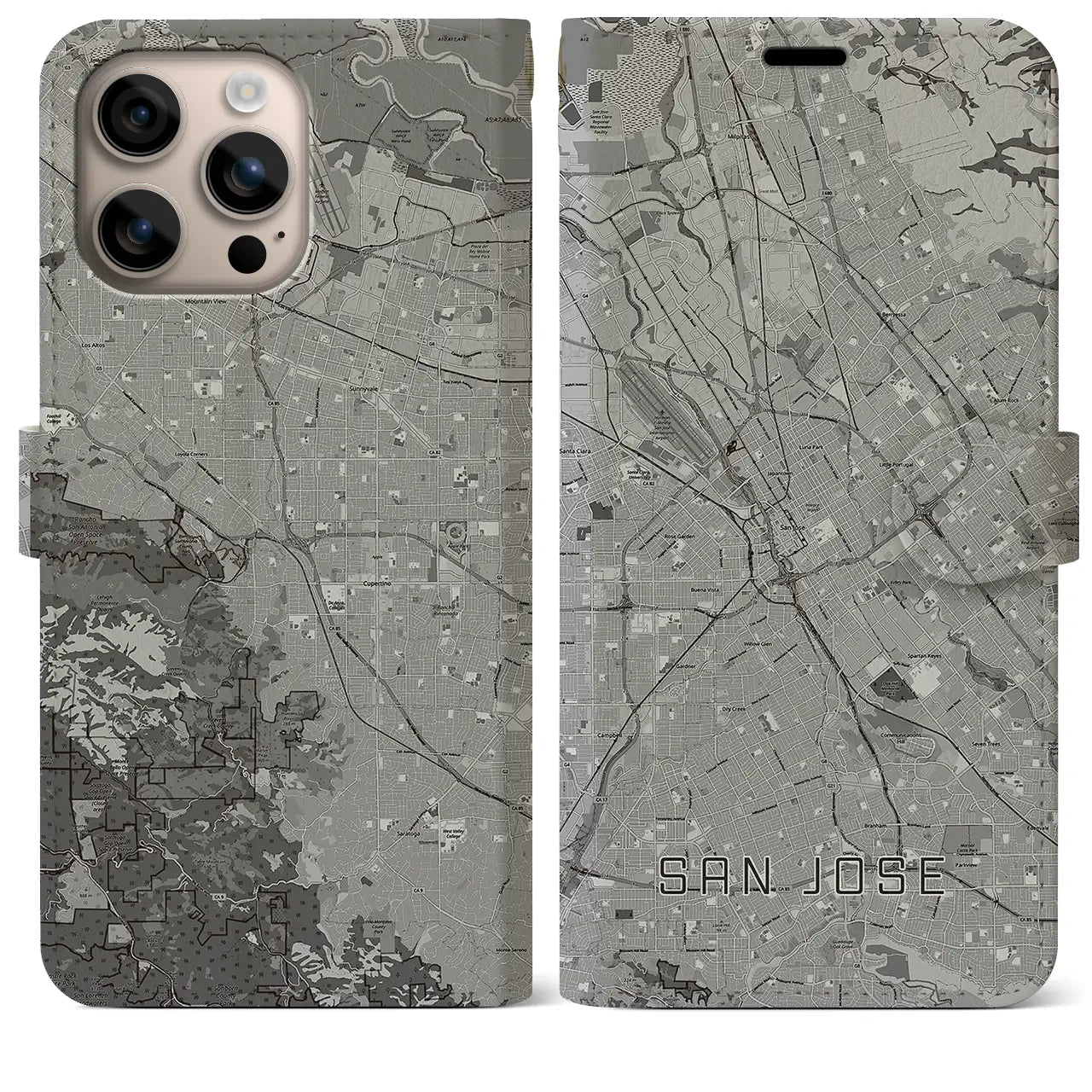 【サンノゼ(アメリカ)】地図柄iPhoneケース(手帳タイプ)モノトーン・iPhone 16 Plus 用