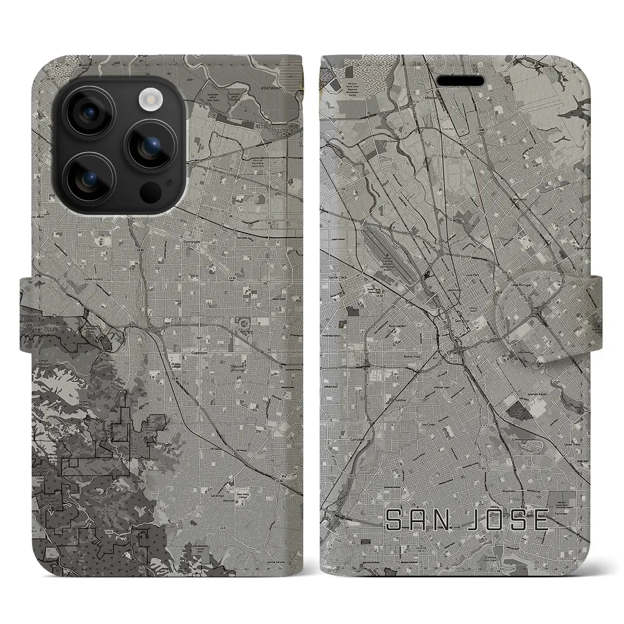 【サンノゼ(アメリカ)】地図柄iPhoneケース(手帳タイプ)モノトーン・iPhone 16 用