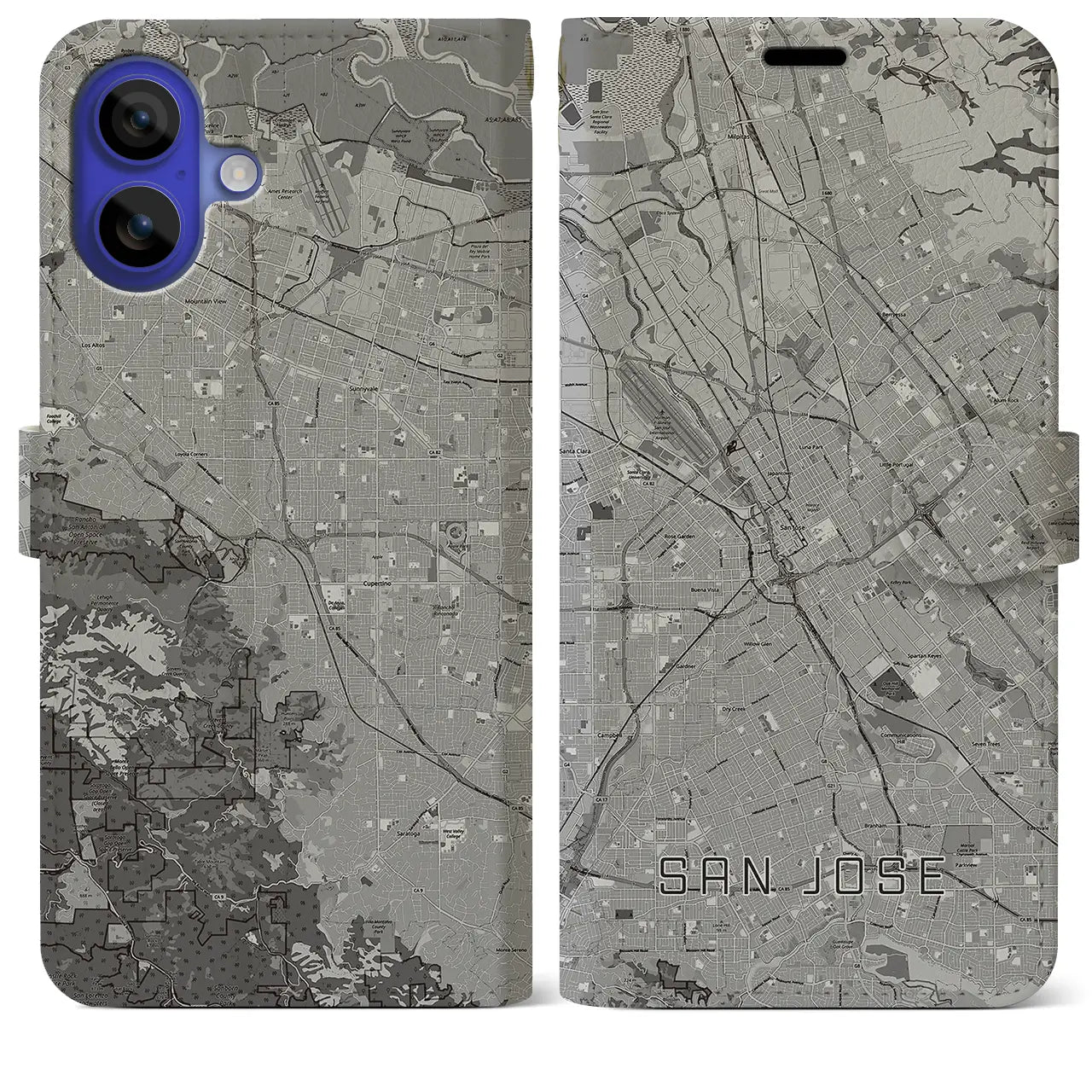 【サンノゼ(アメリカ)】地図柄iPhoneケース(手帳タイプ)モノトーン・iPhone 16 Pro Max 用