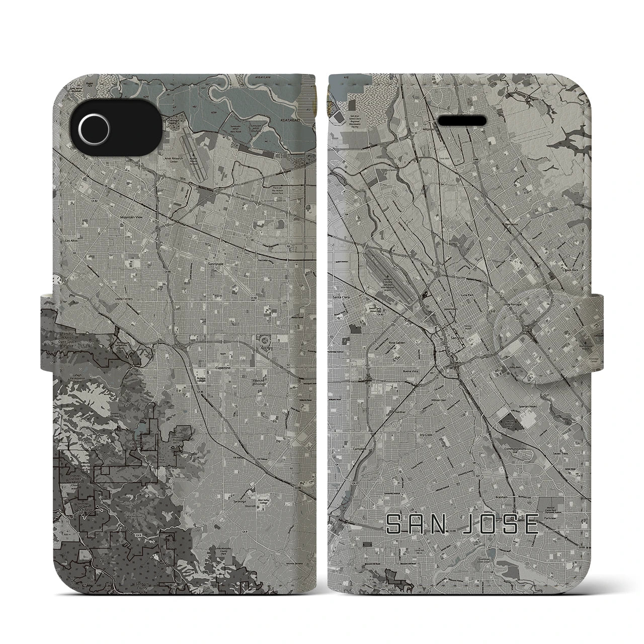 【サンノゼ(アメリカ)】地図柄iPhoneケース(手帳タイプ)モノトーン・iPhone SE(第3 / 第2世代) / 8 / 7 / 6s / 6 用