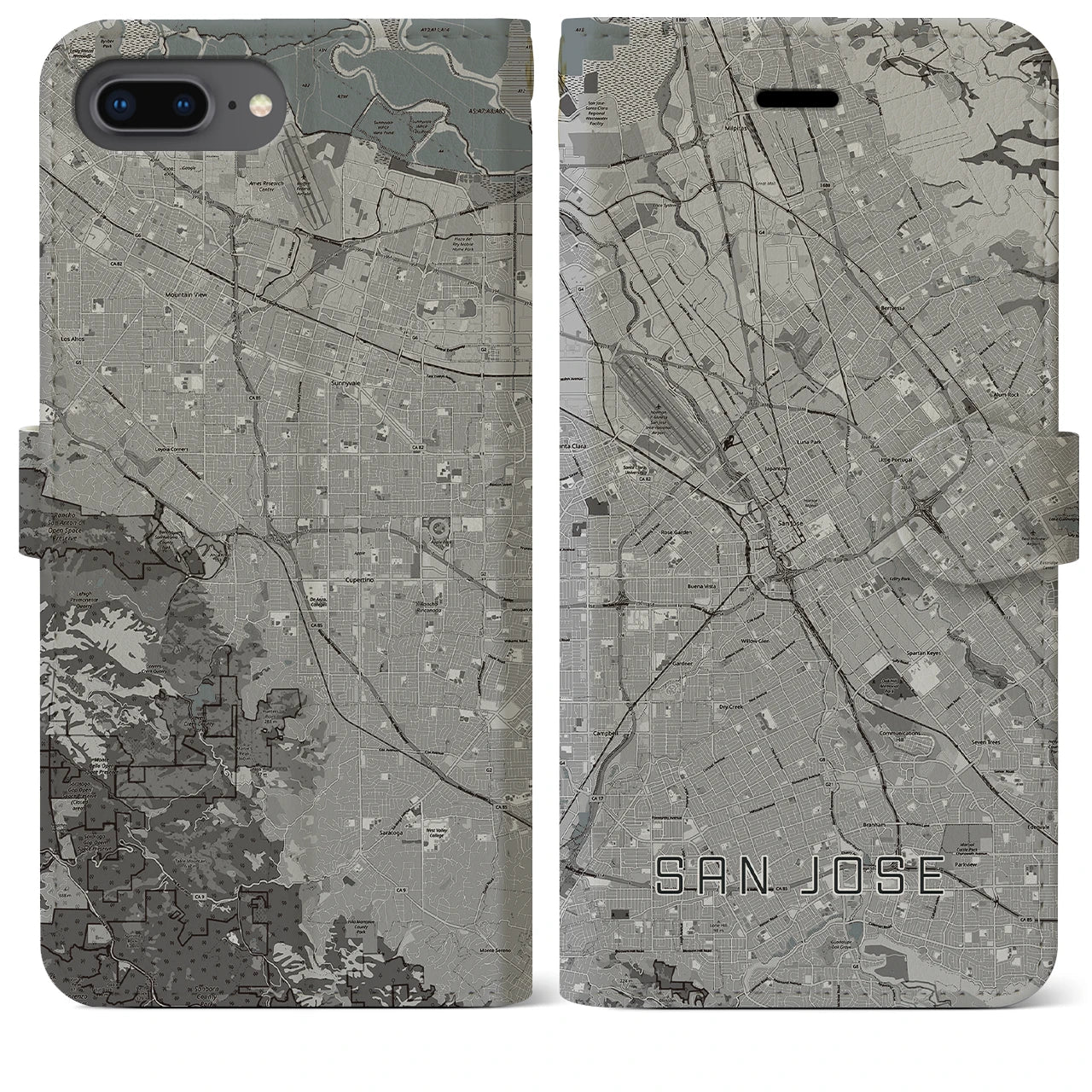 【サンノゼ(アメリカ)】地図柄iPhoneケース(手帳タイプ)モノトーン・iPhone 8Plus /7Plus / 6sPlus / 6Plus 用