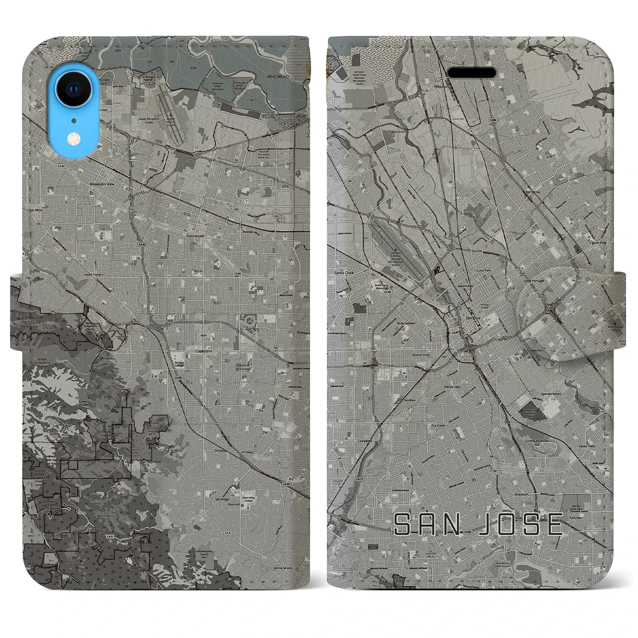 【サンノゼ(アメリカ)】地図柄iPhoneケース(手帳タイプ)モノトーン・iPhone XR 用
