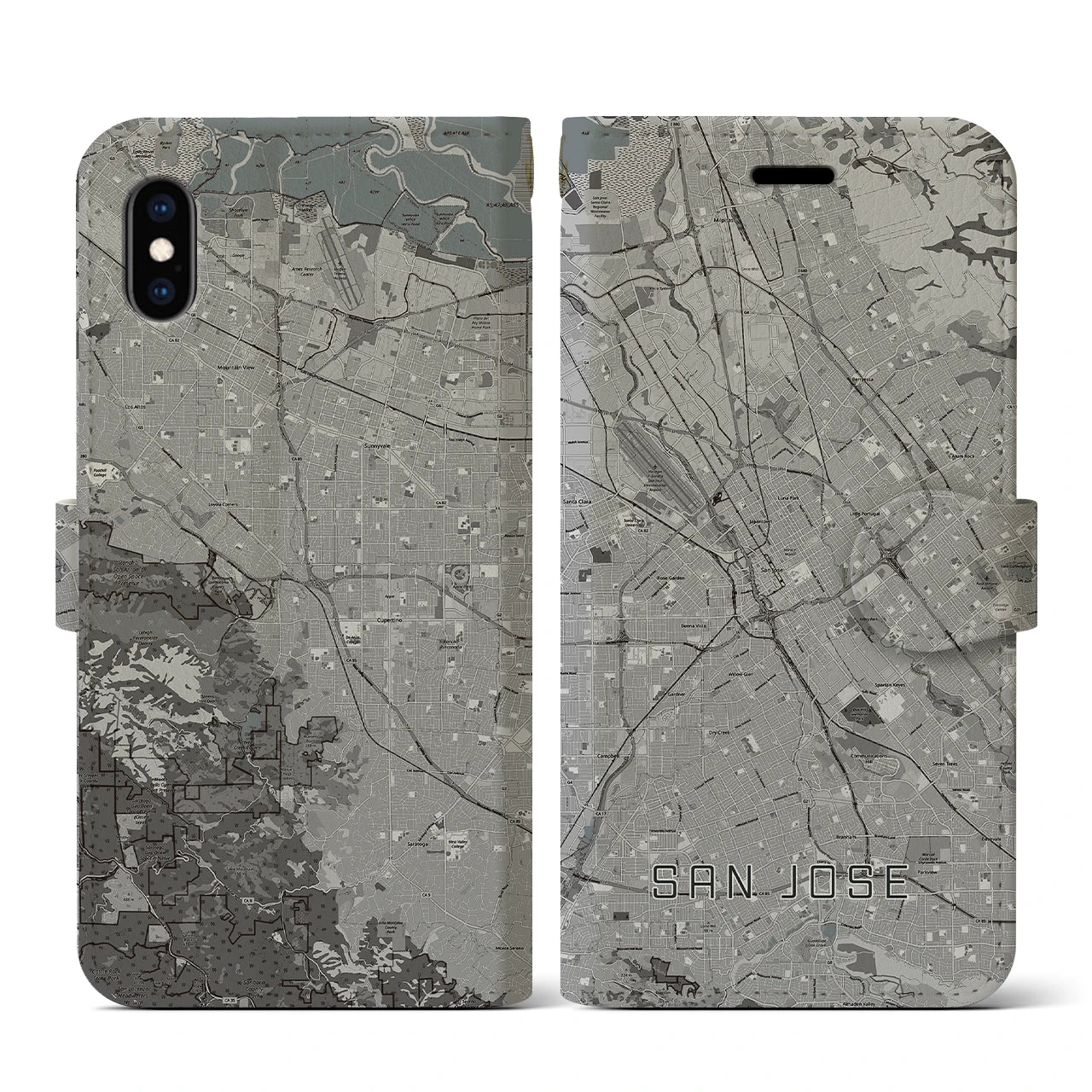 【サンノゼ(アメリカ)】地図柄iPhoneケース(手帳タイプ)モノトーン・iPhone XS / X 用