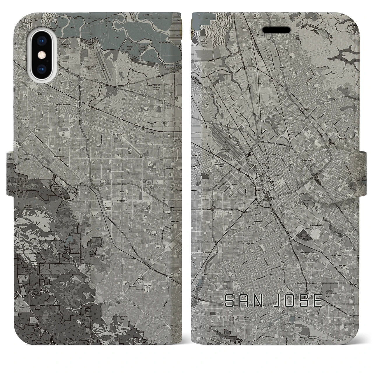 【サンノゼ(アメリカ)】地図柄iPhoneケース(手帳タイプ)モノトーン・iPhone XS Max 用