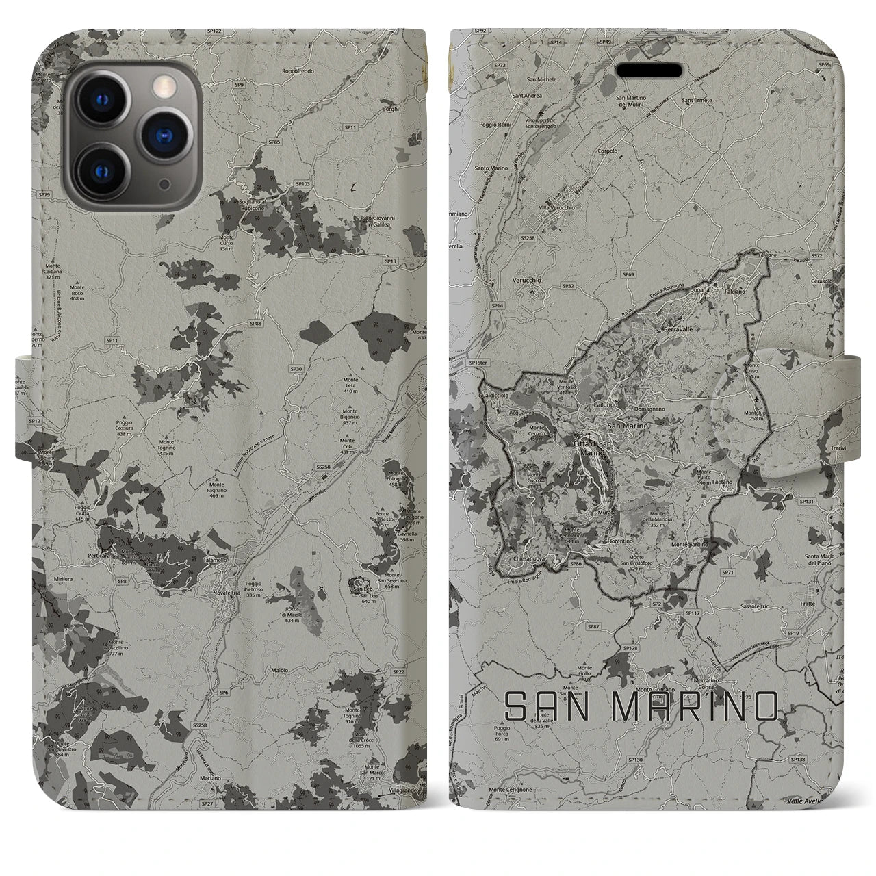 【サンマリノ】地図柄iPhoneケース(手帳タイプ)モノトーン・iPhone 11 Pro Max 用