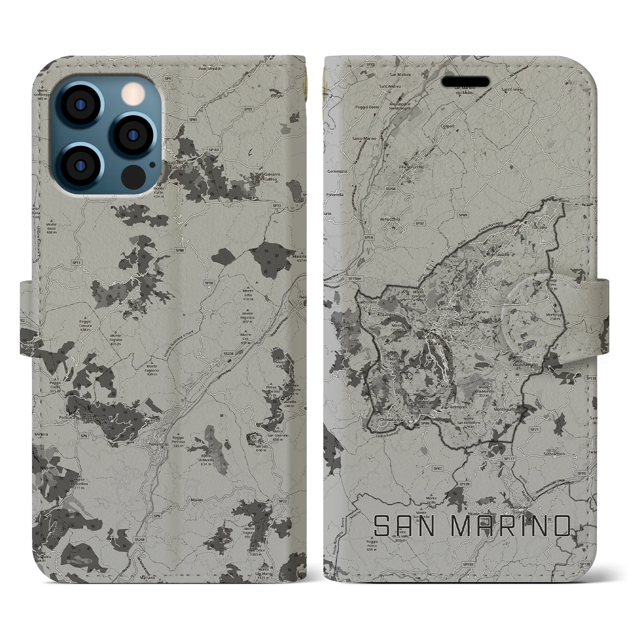 【サンマリノ】地図柄iPhoneケース(手帳タイプ)モノトーン・iPhone 12 / 12 Pro 用