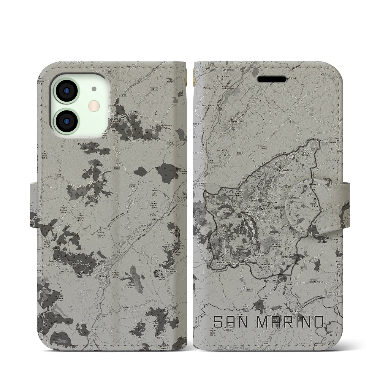 【サンマリノ】地図柄iPhoneケース(手帳タイプ)モノトーン・iPhone 12 mini 用
