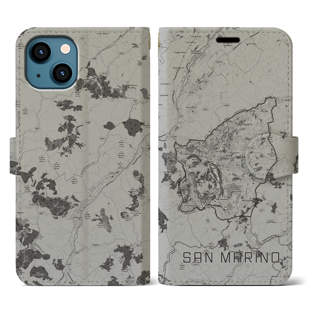 【サンマリノ】地図柄iPhoneケース(手帳タイプ)モノトーン・iPhone 13 用