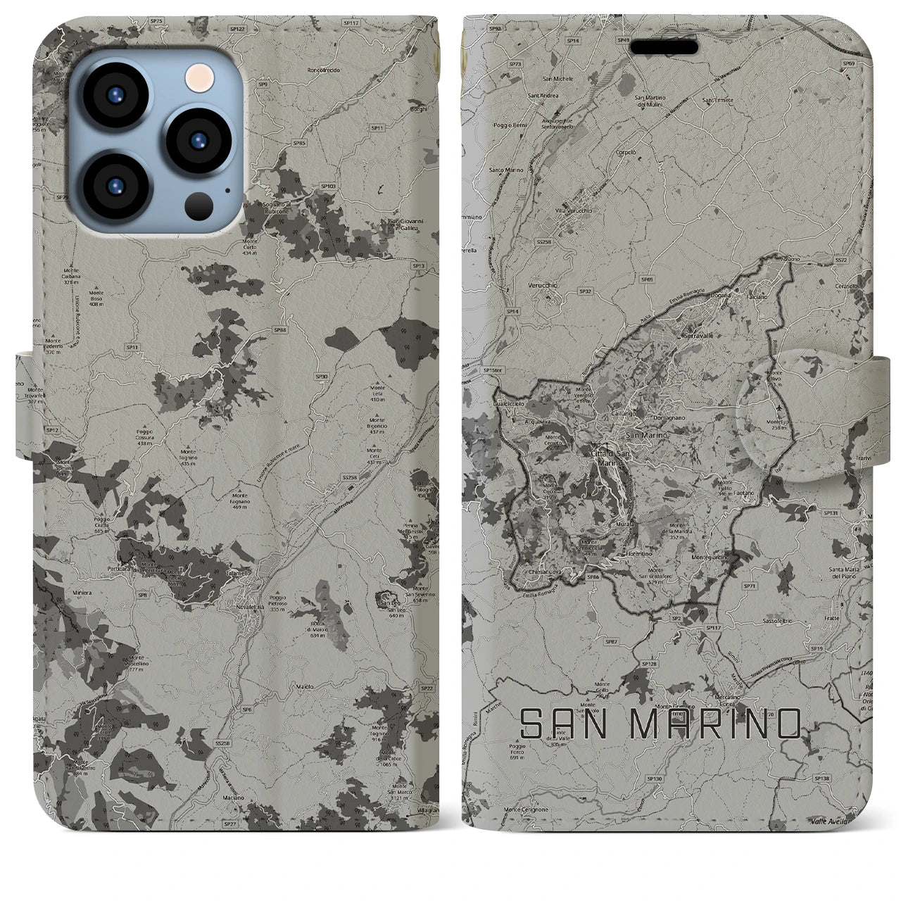 【サンマリノ】地図柄iPhoneケース(手帳タイプ)モノトーン・iPhone 13 Pro Max 用