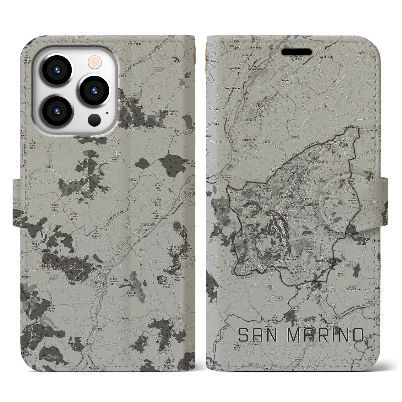 【サンマリノ】地図柄iPhoneケース(手帳タイプ)モノトーン・iPhone 13 Pro 用