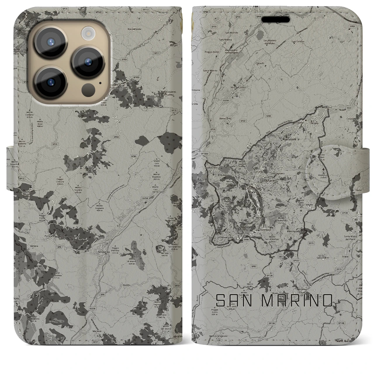 【サンマリノ】地図柄iPhoneケース(手帳タイプ)モノトーン・iPhone 14 Pro Max 用