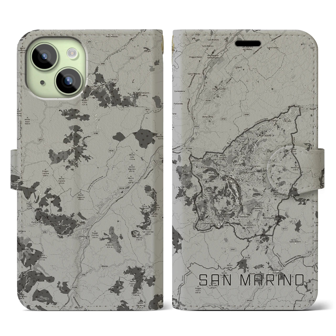 【サンマリノ】地図柄iPhoneケース(手帳タイプ)モノトーン・iPhone 15 用