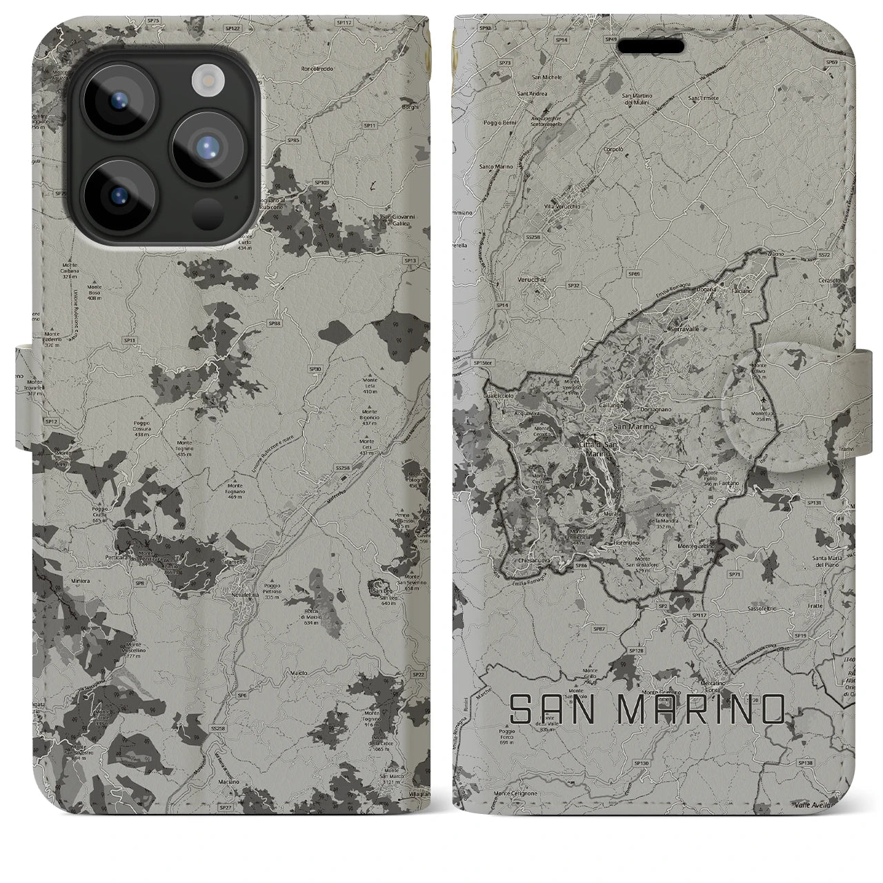 【サンマリノ】地図柄iPhoneケース(手帳タイプ)モノトーン・iPhone 15 Pro Max 用