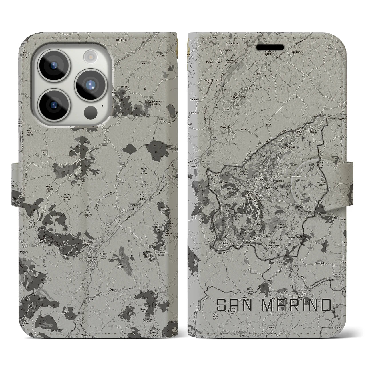 【サンマリノ】地図柄iPhoneケース(手帳タイプ)モノトーン・iPhone 15 Pro 用