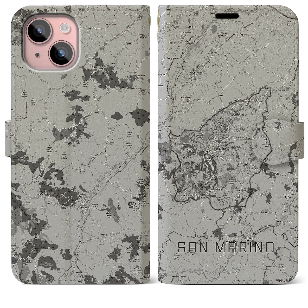 【サンマリノ】地図柄iPhoneケース(手帳タイプ)モノトーン・iPhone 15 Plus 用