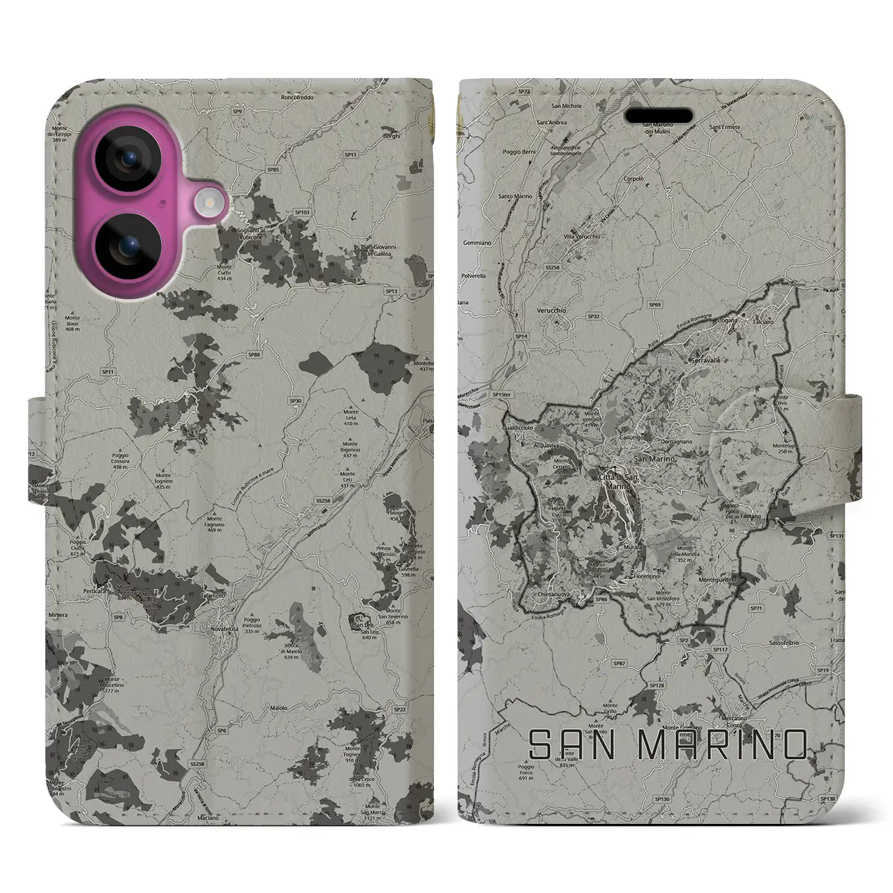 【サンマリノ】地図柄iPhoneケース(手帳タイプ)モノトーン・iPhone 16 Pro 用