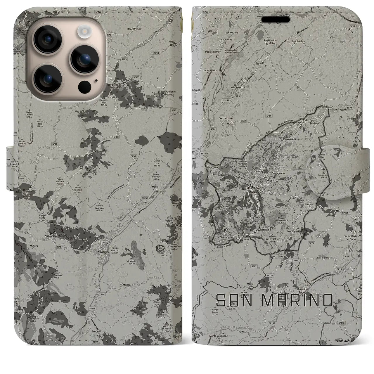 【サンマリノ】地図柄iPhoneケース(手帳タイプ)モノトーン・iPhone 16 Plus 用