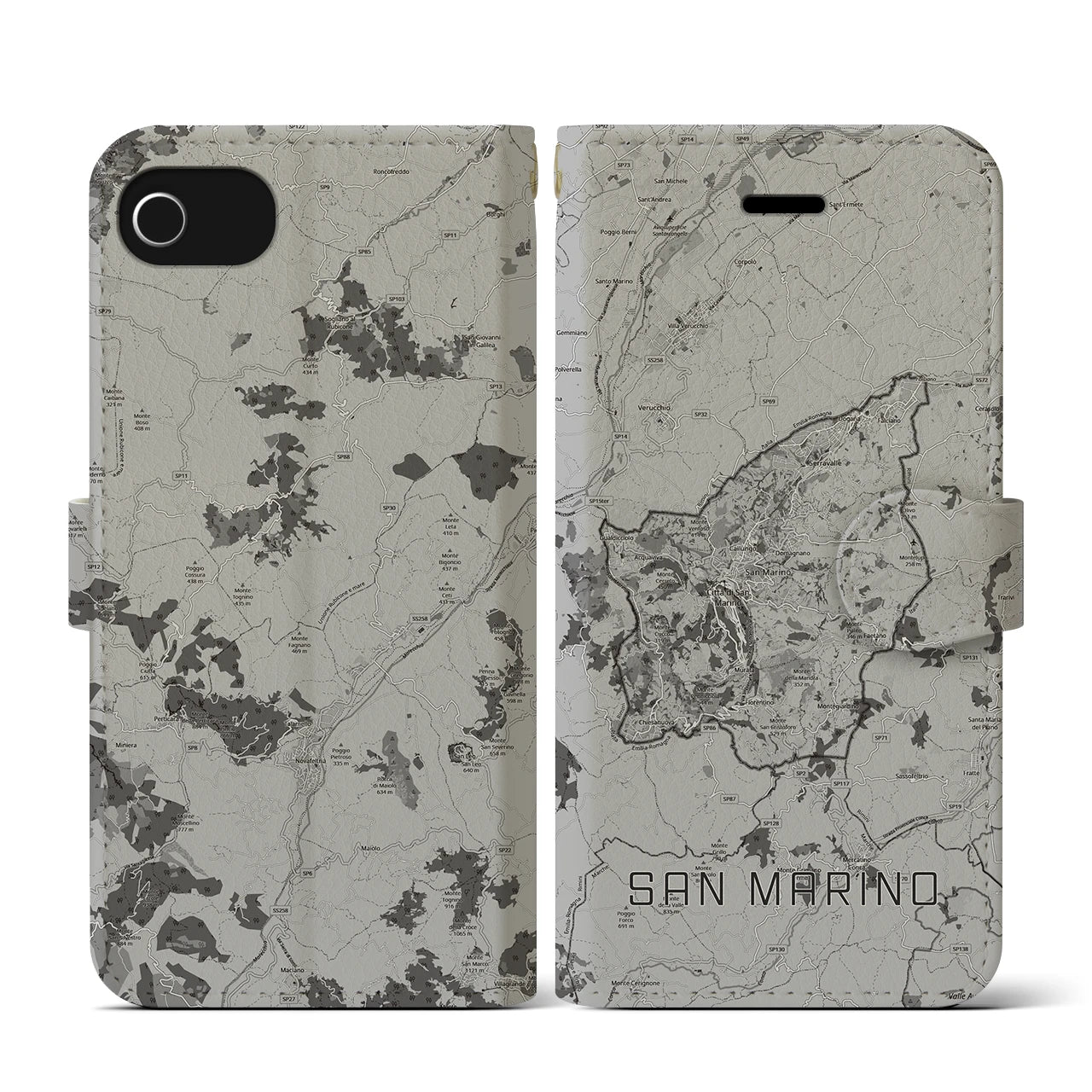 【サンマリノ】地図柄iPhoneケース(手帳タイプ)モノトーン・iPhone SE(第3 / 第2世代) / 8 / 7 / 6s / 6 用