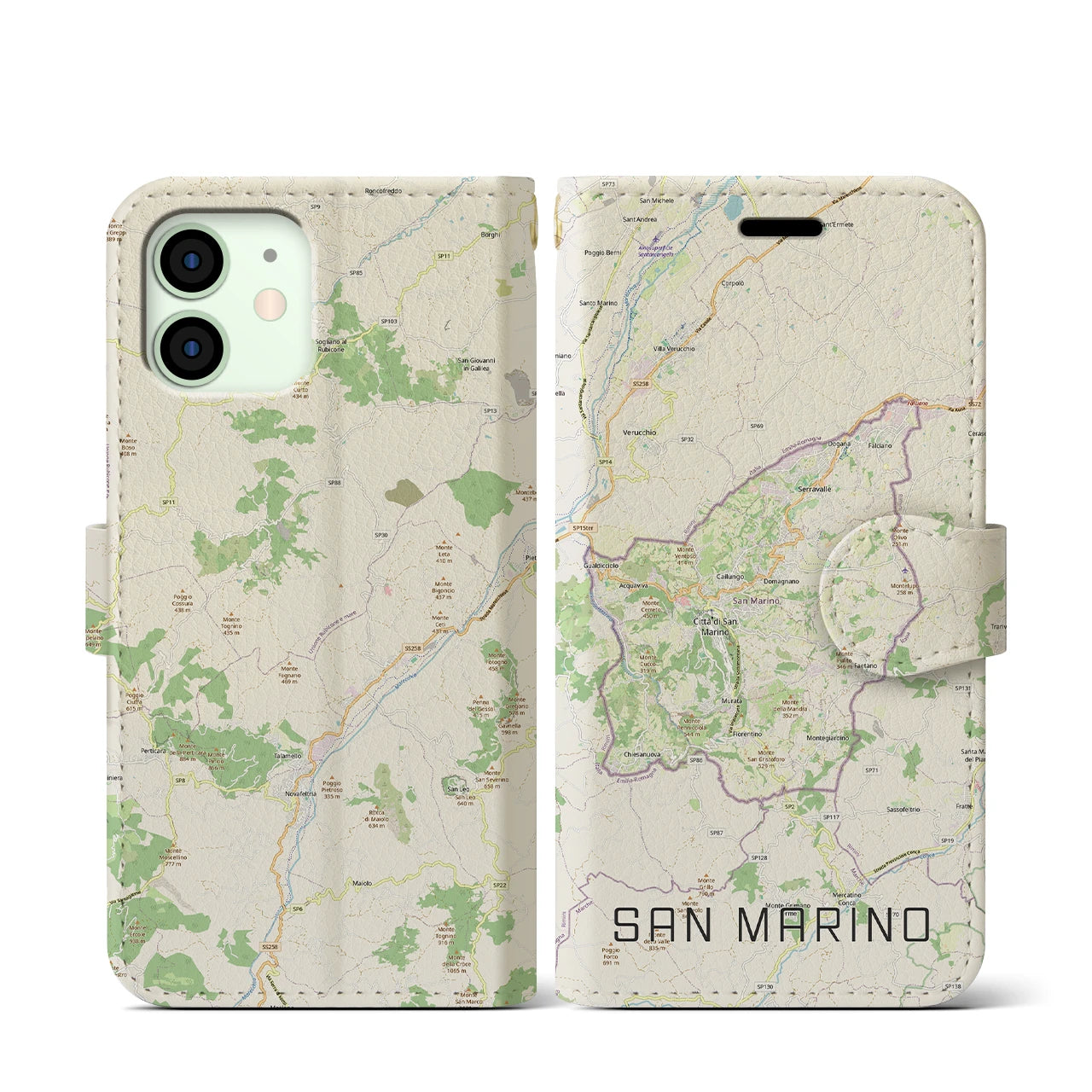 【サンマリノ】地図柄iPhoneケース(手帳タイプ)ナチュラル・iPhone 12 mini 用