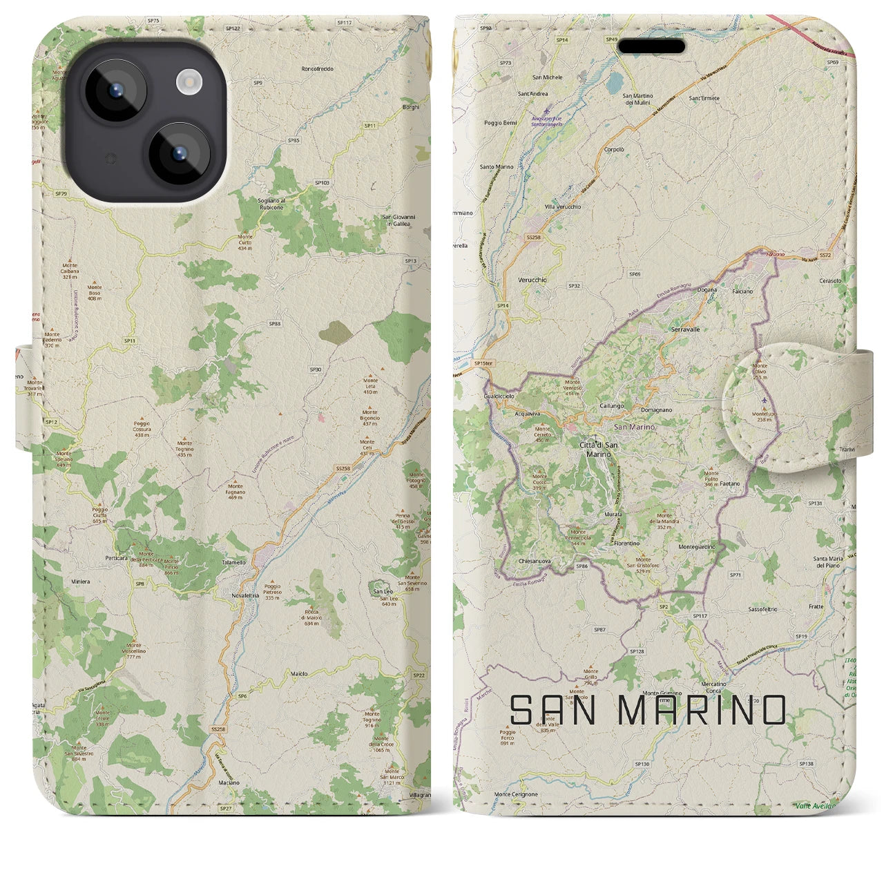 【サンマリノ】地図柄iPhoneケース(手帳タイプ)ナチュラル・iPhone 14 Plus 用